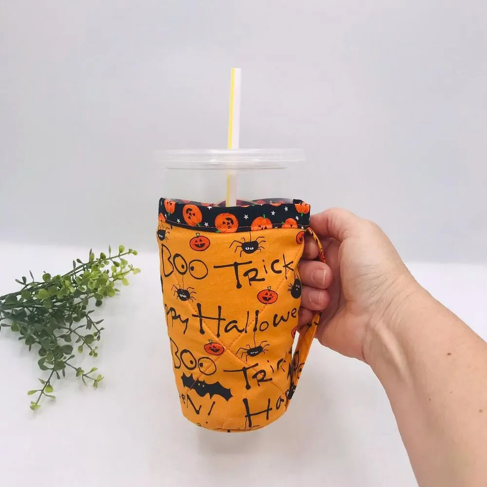 Drink Coozie w Handle Hot or Iced Drinks Cozy Insulated Halloween Orange